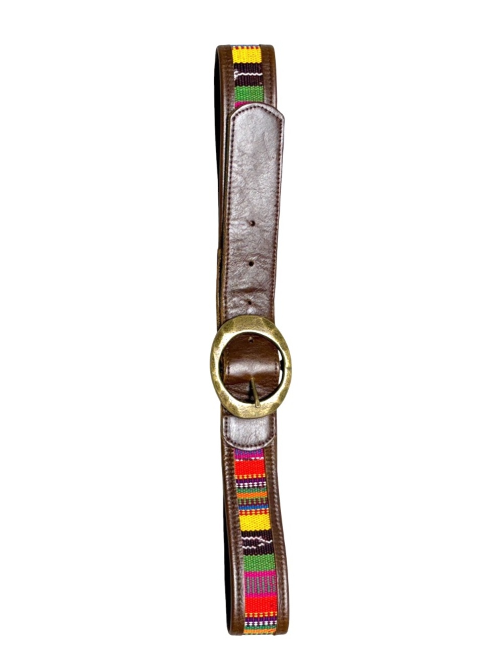 Love Strength belt multicolor woven brown leather size M oval buckle folk art
